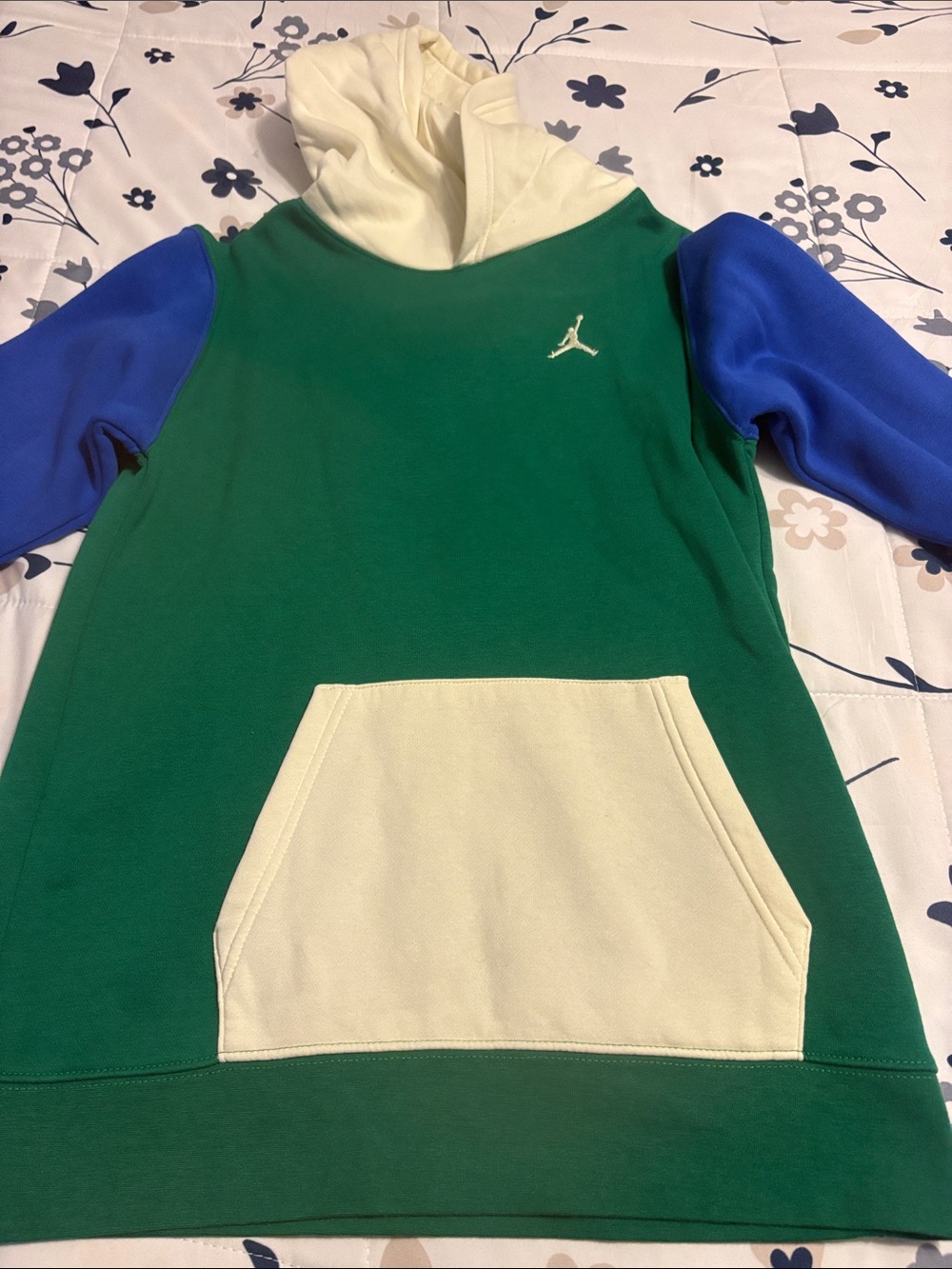Jordan Green Colorblock Hoodie with Blue Sleeves and Cream Hood